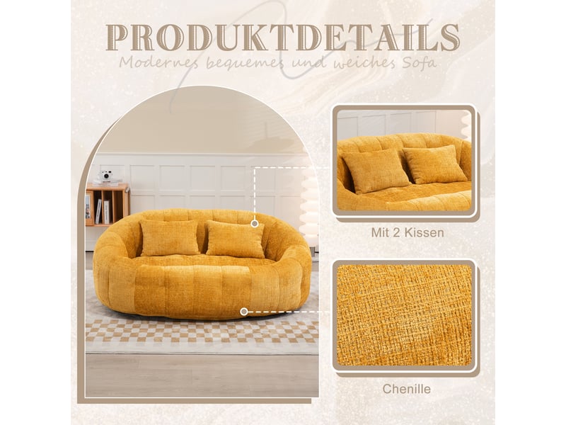 Canapé 2 places en chenille jaune, mousse haute densité, dossier et accoudoirs enveloppants, sans montage, pour salon - Conforama D