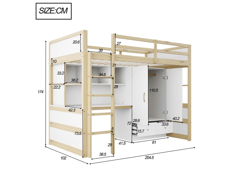  Lit mezzanine, 90x200 cm, armoire, bureau avec rangement, échelle, matelas non inclus, bois, coloris blanc et naturel  - Conforama C