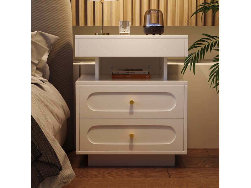  Table de chevet led avec 2 tiroirs et niche ouverte blanc cravdom  - Conforama D