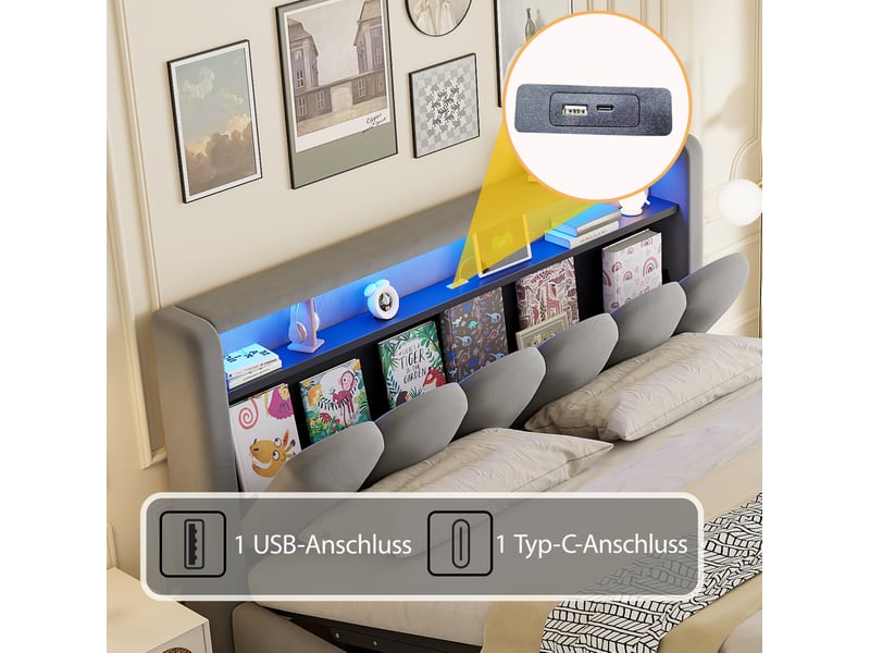  Lit 2 places 180x200 cm – gris – coffre hydraulique, led, usb et type-c, sans matelas  - Conforama E