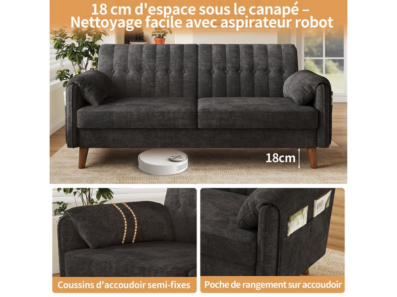  Canapé 2 places 161,5x79x83,5 cm en chenille, dossier capitonné avec boutons, 2 coussins d’accoudoir, poches latérales, pieds en bois massif - gris  - Conforama E