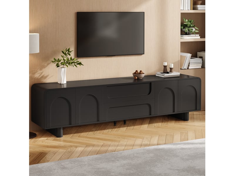  Meuble tv tcqpz 180 x 40 x 46 cm avec 4 portes 2 tiroirs passe-câbles mdf et panneaux de particules noir  - Conforama D