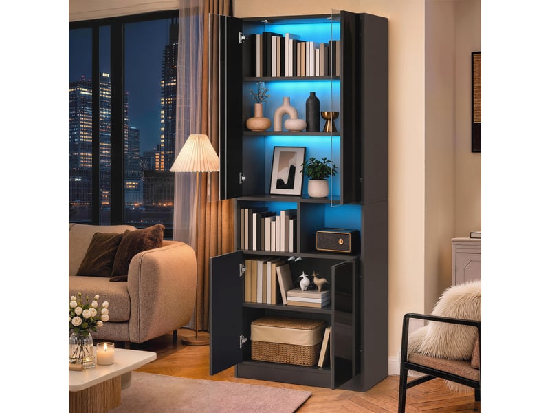  Armoire 4 portes avec 2 niches, led et étagère réglable pour chambre 70×35×180 cm noire  - Conforama C