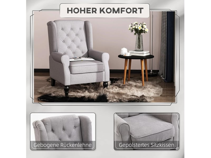  Fauteuil relax avec capitonnage et pieds en bois, dossier haut et assise large, en polyester gris  - Conforama D