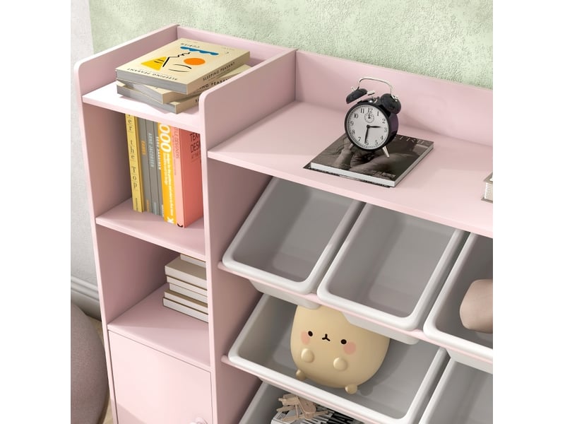  Meuble de rangement enfant 140x30x90 cm rose en mdf et métal, 8 boîtes amovibles pour jouets et livres  - Conforama E