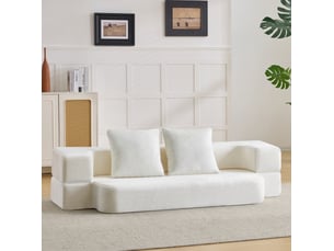Canapé droit convertible 2 places blanc crème en tissu, mousse et ressorts, sans montage pour votre intérieur