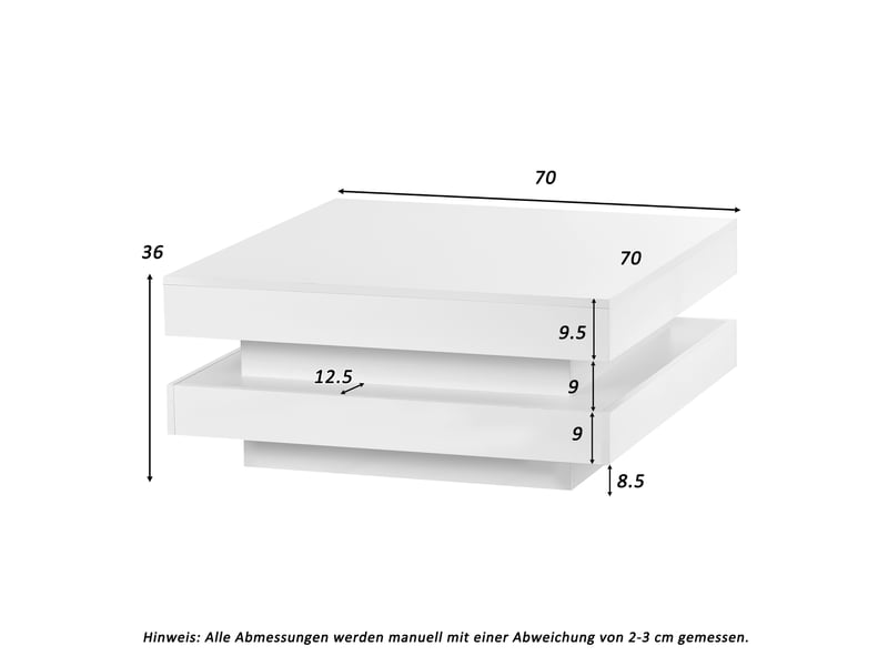 Table basse led 70x70x36 cm avec plateau rotatif à 360°, table de salon carrée alimentée par usb, style high-tech et finition haute brillance, blanc Seren Glow - Conforama C