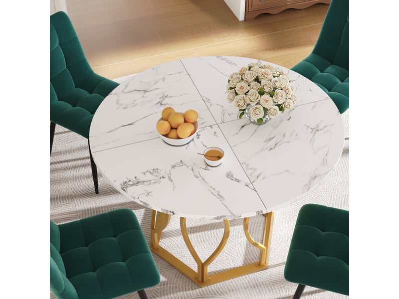  Ensemble table ronde et 4 chaises en velours vert foncé, plateau mdf blanc marbré, pieds métal dorés pour 4 personnes  - Conforama E