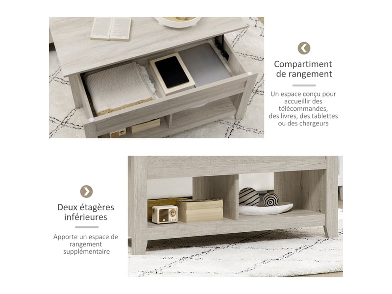  Table basse plateau relevable, table de salon avec étagères et compartiment caché,105 x 50 x 49-62,5 cm pour salon, chambre, aspect chêne clair  - Conforama E