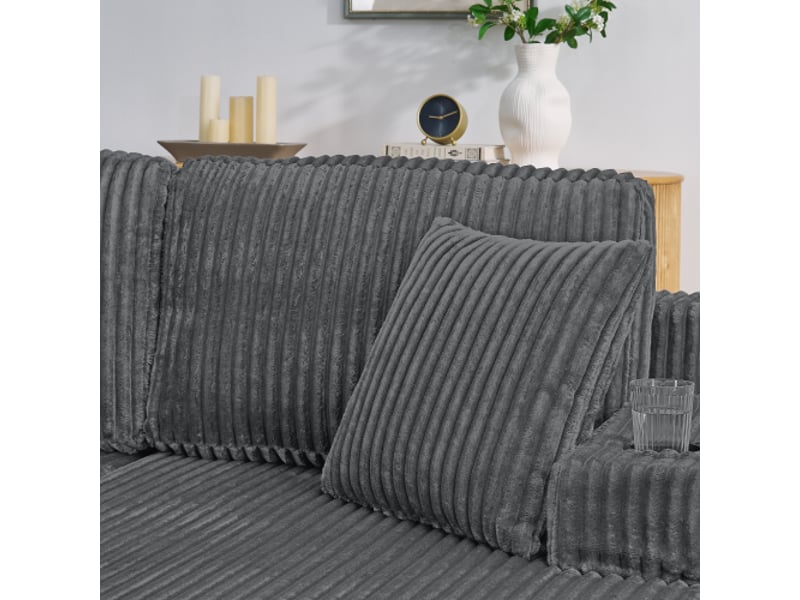  Canapé-lit 2 places et fauteuil lounge en velours côtelé gris, poche latérale, porte-gobelets, coussins – salon  - Conforama E