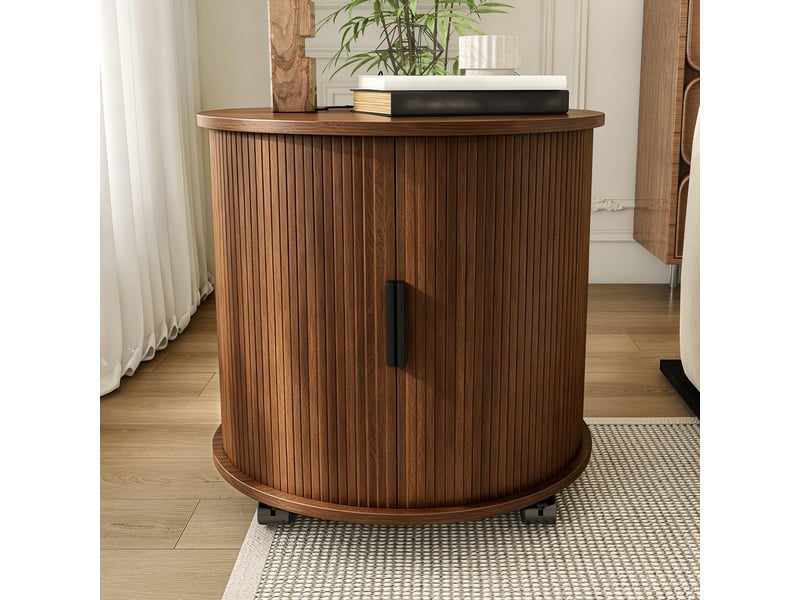 Table de chevet cylindrique mid-century avec station de charge, noyer, rangement mobile 60cm - Conforama B