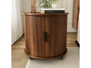 Table de chevet cylindrique mid-century avec station de charge, noyer, rangement mobile 60cm