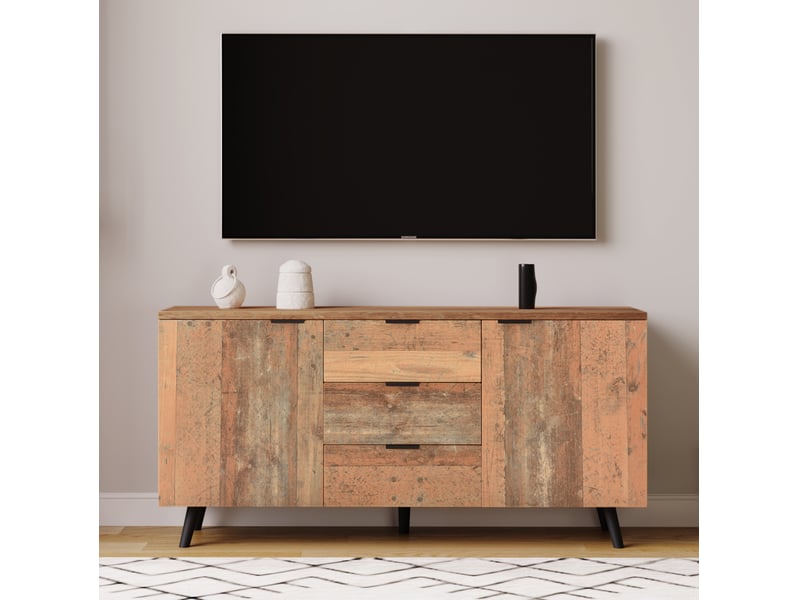 Meuble tv avec 3 tiroirs et placards à étagères réglables, finition bois vieilli, pour salon, marron, 140 × 35 × 70 cm - Conforama B