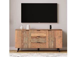 Meuble tv avec 3 tiroirs et placards à étagères réglables, finition bois vieilli, pour salon, marron, 140 × 35 × 70 cm