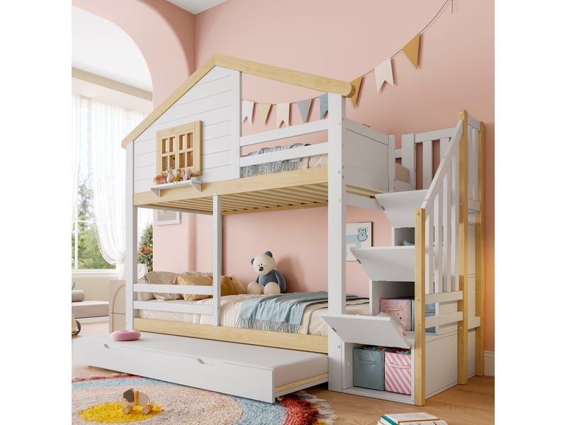  Lit superposé enfant 90x200 cm avec lit gigogne et escalier de rangement blanc naturel  - Conforama D