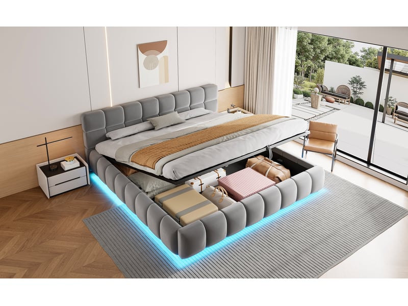 Lit coffre 180x200 cm, lit double, rangement hydraulique, velours gris, led - Conforama W