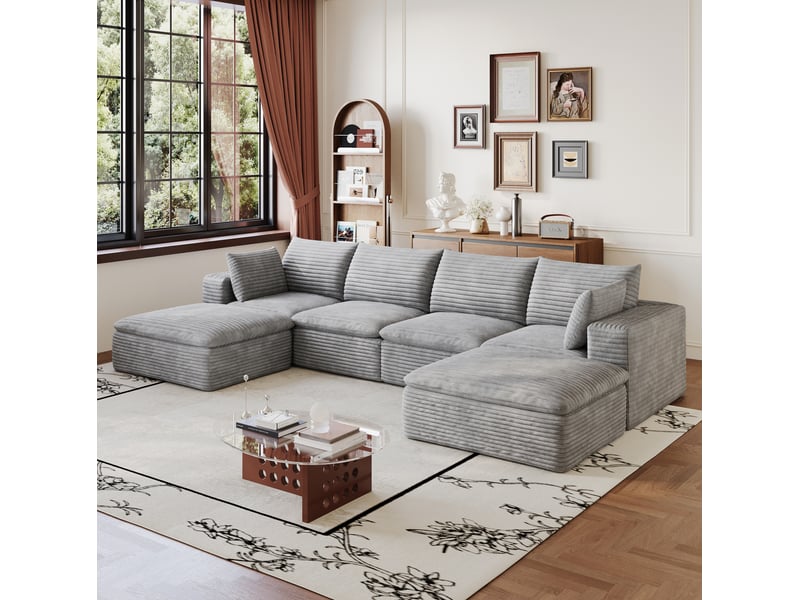 Canapé modulaire 6 places, coussins amovibles et soutien en mousse, en velours côtelé gris foncé, 340 × 160 × 60 cm - Conforama D