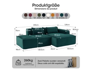 Canapé textile vert rétro 235 × 129 × 70 cm en polyester, 2 coussins, assise mousse et ressorts ensachés, format compact