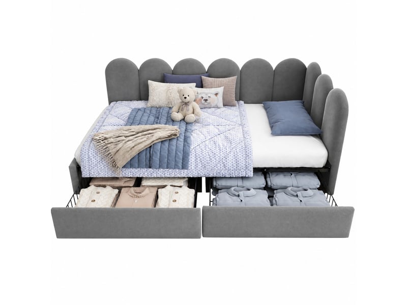  Lit simple 90x190 cm avec 2 tiroirs en velours gris  - Conforama A
