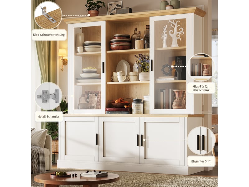  Buffet haut de cuisine 140x40x185 cm, vaisselier à portes vitrées, étagères réglables, placard inférieur, anti-basculement, blanc et effet chêne clair  - Conforama E