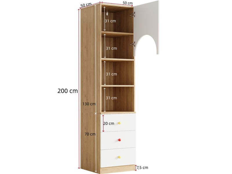  Bibliothèque haute 50x50x200 cm 3 tiroirs 3 niches porte cintrée, poignées en céramique, mdf blanc et aspect bois  - Conforama C