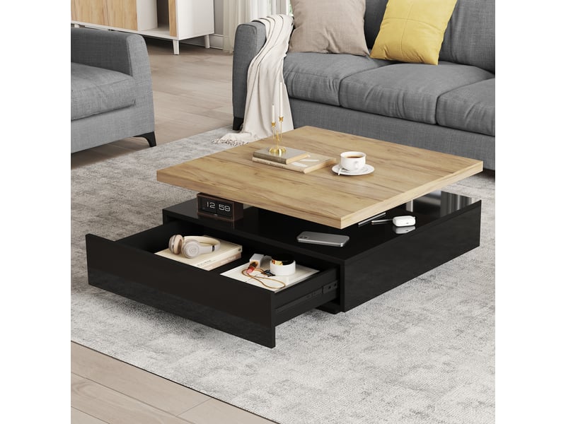  Table basse carrée pivotante 360° avec tiroir, table de salon 70x70 cm, finition noir brillant et noyer  - Conforama E