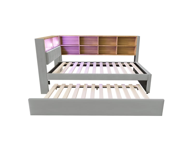 Canapé-lit 90x200 gris clair, lit gigogne 90x190, led, prises et rangements - Conforama A