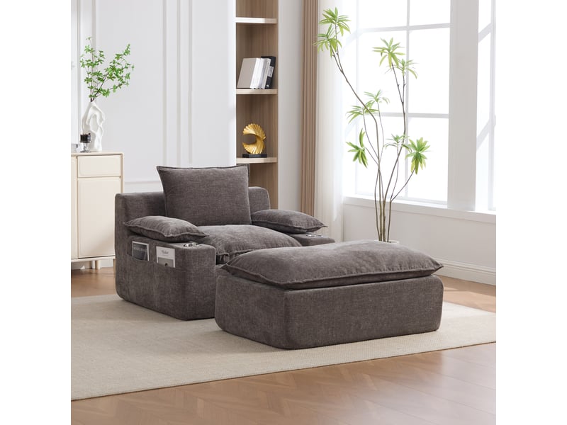  Chaise longue, fauteuil lounge : coussins inclus, sans montage, en chenille, porte-gobelets  - Conforama A