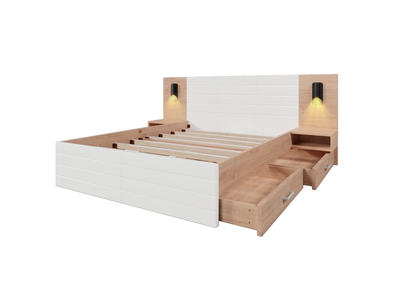  Lit double avec rangement 160x200 cm, bois et mdf blanc et chêne clair, éclairage et usb, avec matelas  - Conforama D
