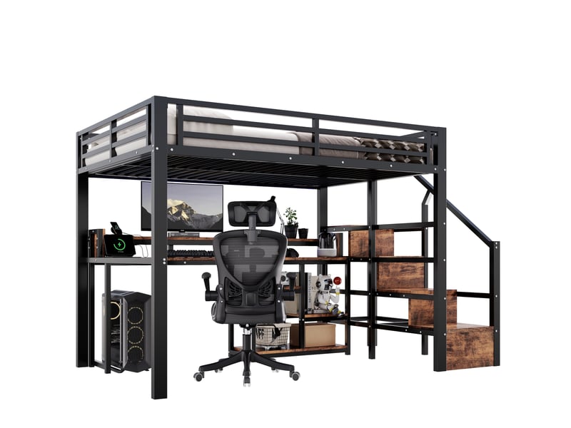  Lit mezzanine 140x200 cm, escalier rangement, bureau, usb-c, led, métal et mdf, noir et blanc, sans matelas  - Conforama A