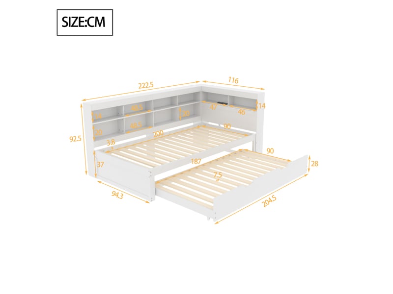  Lit gigogne 90x200 cm avec prise usb et rangements, blanc, sans matelas  - Conforama C