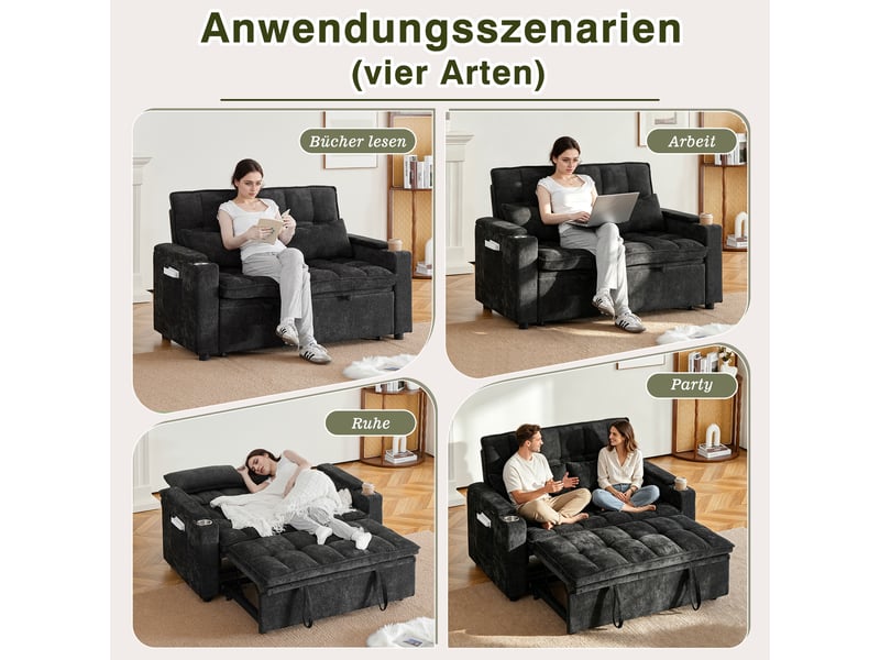  Canapé-lit 2 places 3 en 1 142x89x89 cm effet nuage avec rangements accoudoirs, porte-gobelets, 2 coussins lombaires, chenille noir  - Conforama E