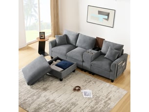 Canapé d'angle l 4 places modulable avec pouf coffre, console centrale, 2 porte-gobelets, ports usb, rangement accoudoir, tissu velours côtelé - gray