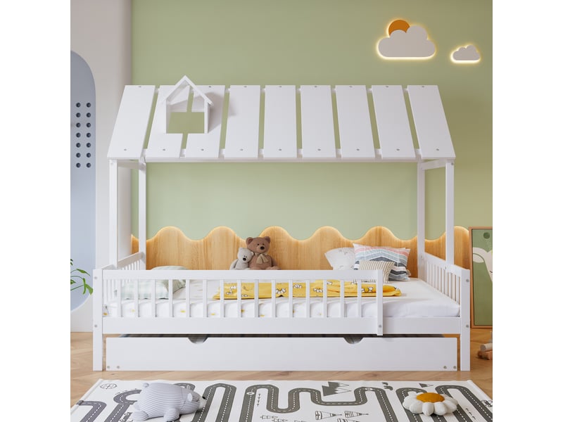 Lit gigogne 120x200 cm - lit gigogne cabane enfant avec tiroirs et rangement, toit cheminée et protection anti-chute, mdf blanc - sans matelas - Conforama E