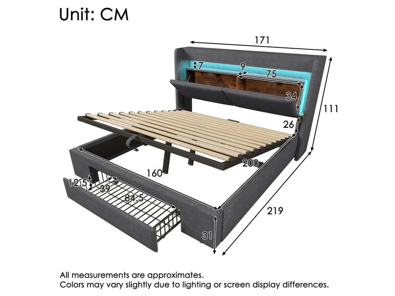  Lit coffre 160 × 200 cm 2 places avec led réglable, usb et usb-c, rangement, matelas inclus, gris en lin  - Conforama D