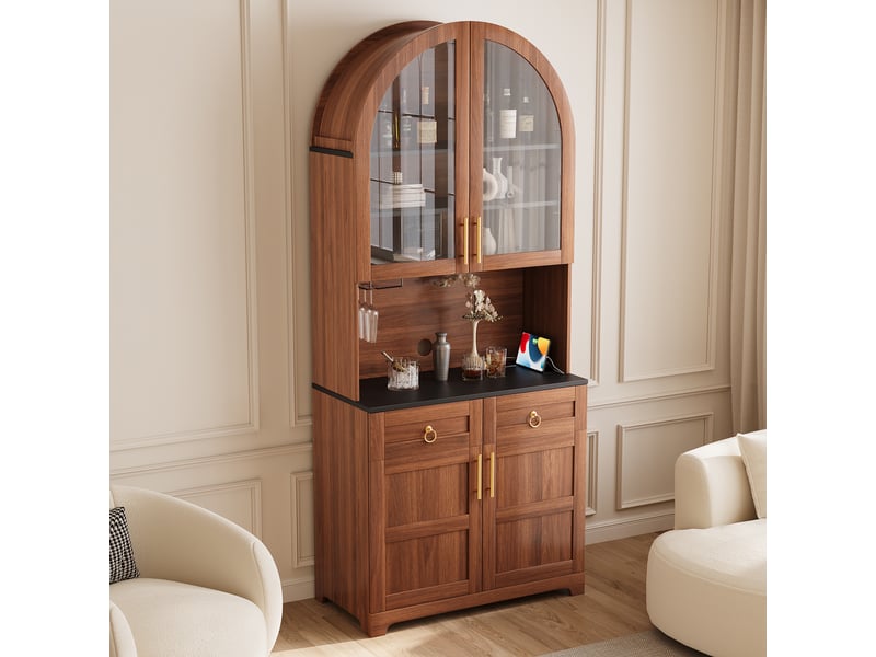  Buffet haut vitré 80 cm décor noyer, 4 portes, 2 tiroirs, led et prises Fay Lum - Conforama D