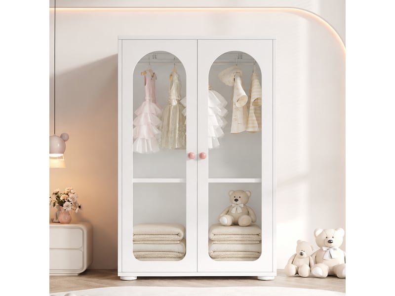  Armoire enfant 80 x 50 x 120 cm avec 2 portes en acrylique transparent, penderie et poignées en céramique, finition laquée blanche, meuble compact pour chambre OPULERANE TRADING LTD - Conforama E
