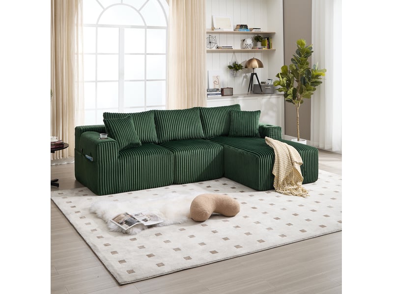 Canapé d'angle modulable ulevr 3 places avec chaise longue, poches latérales et porte-gobelets, 257 x 160 cm, velours côtelé vert émeraude - Conforama D