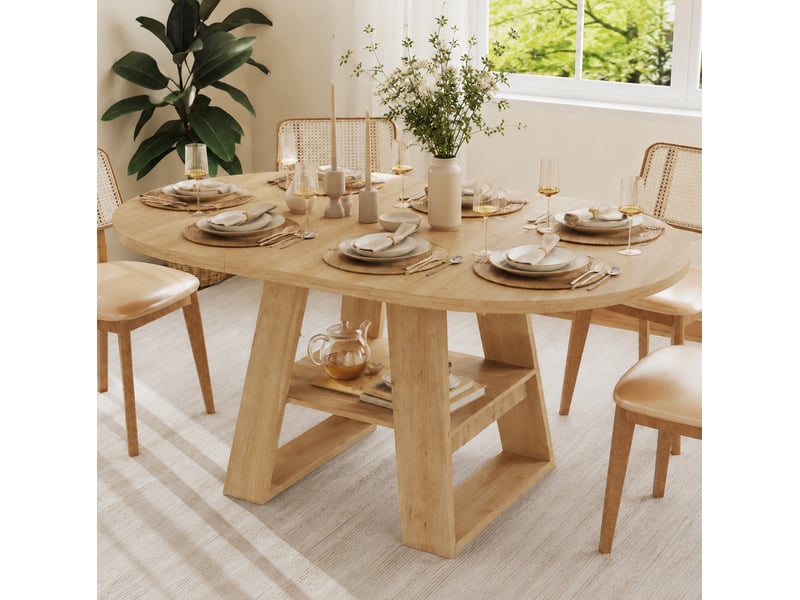  Table à manger extensible 110150x110 cm, 4 à 6 personnes, avec rangement et plateau, mdf, couleur chêne, table ronde  - Conforama B
