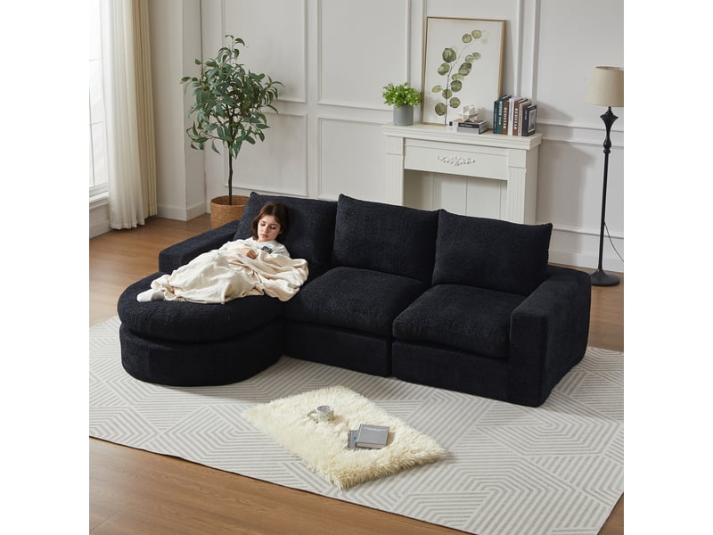  Canapé d’angle modulable en chenille, méridienne réversible, mousse haute densité, 3 coussins, sans montage - noir  - Conforama B