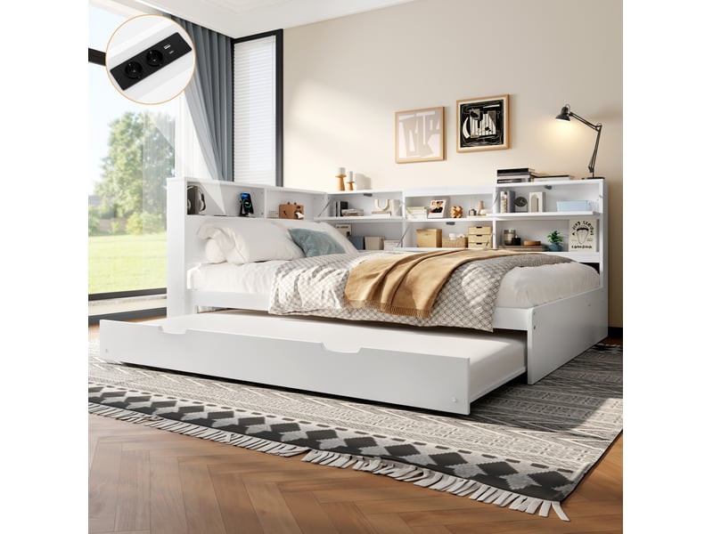  Lit gigogne 140 x 200 cm blanc avec rangement en tête de lit et ports usb + type-c  - Conforama D