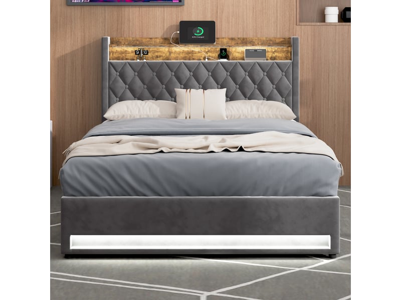 Lit coffre enfant 140x190 cm avec led, port usb, sommier et espace de rangement, velours, gris, sans matelas - Conforama B
