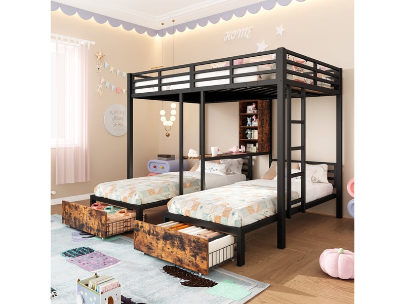  Lit superposé 140 x 200 cm + 90 x 200 cm, 3 couchages, garde-corps, rangements, 2 tiroirs, sans matelas, noir  - Conforama C