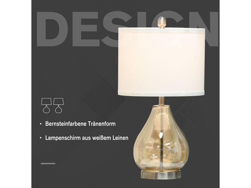  Lot de 2 lampes de table, lampe de chevet avec abat-jour en lin et tiges en verre en forme de goutte, douille e27, pour chambre ou salon, blanche  - Conforama D