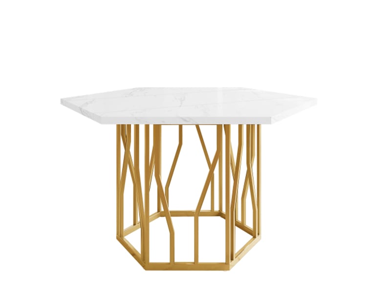 Table à manger hexagonale en marbre, pied métal doré, design moderne, style épuré, salon salle à manger - Conforama E
