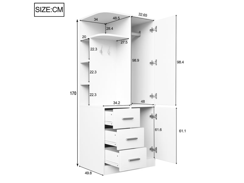 Armoire,70x50x170 cm,1 porte avec penderie et tiroirs,mdf,blanche - Conforama C