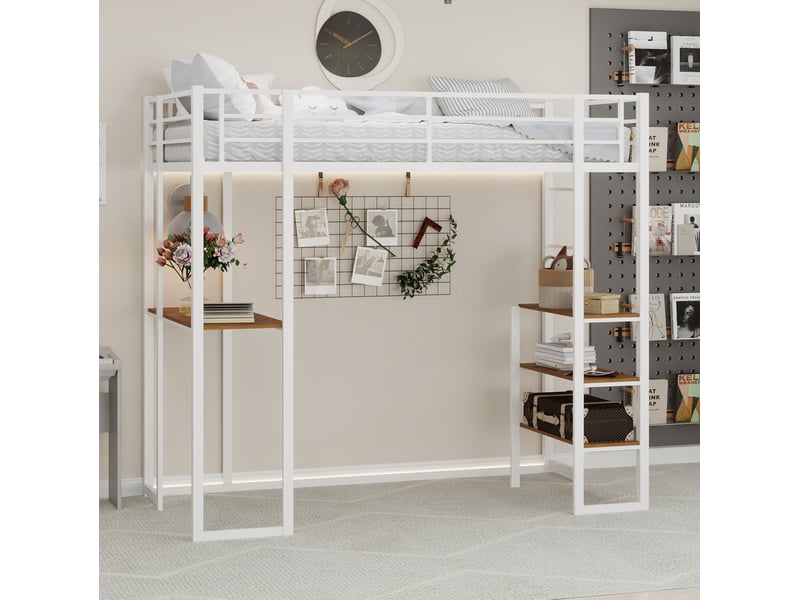 Lit mezzanine 90x190 cm en métal blanc avec bureau, garde-corps et rangement - Conforama E