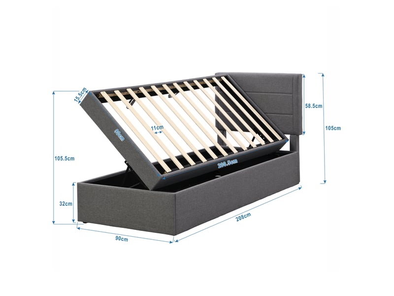  Lit coffre 90x200, espace de rangement, sommier métal, lin et mdf, gris sans matelas  - Conforama C