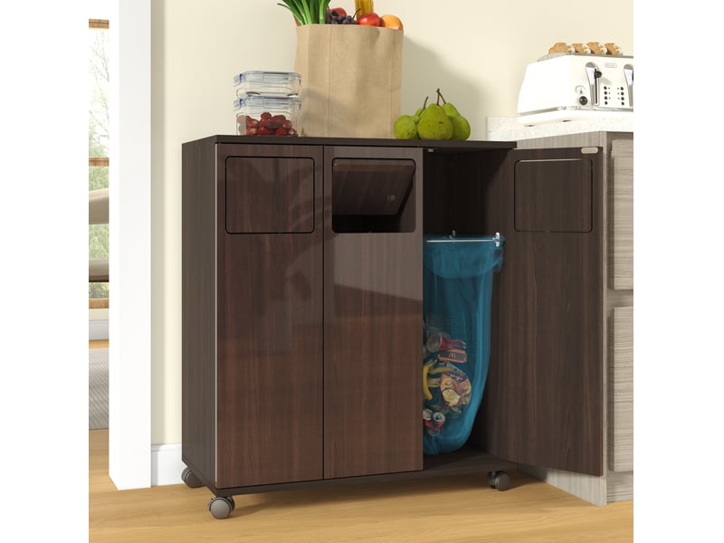  Meuble de tri des déchets 69,3x35x80 cm marron mdf, 3 portes sur roulettes verrouillables pour cuisine  - Conforama B