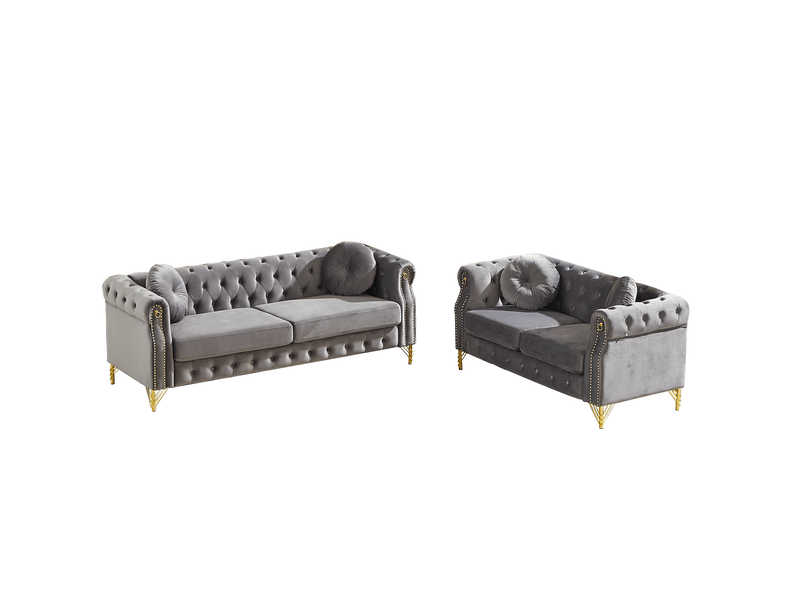  Canapé 3+2 places en velours gris avec pieds métalliques dorés  - Conforama A